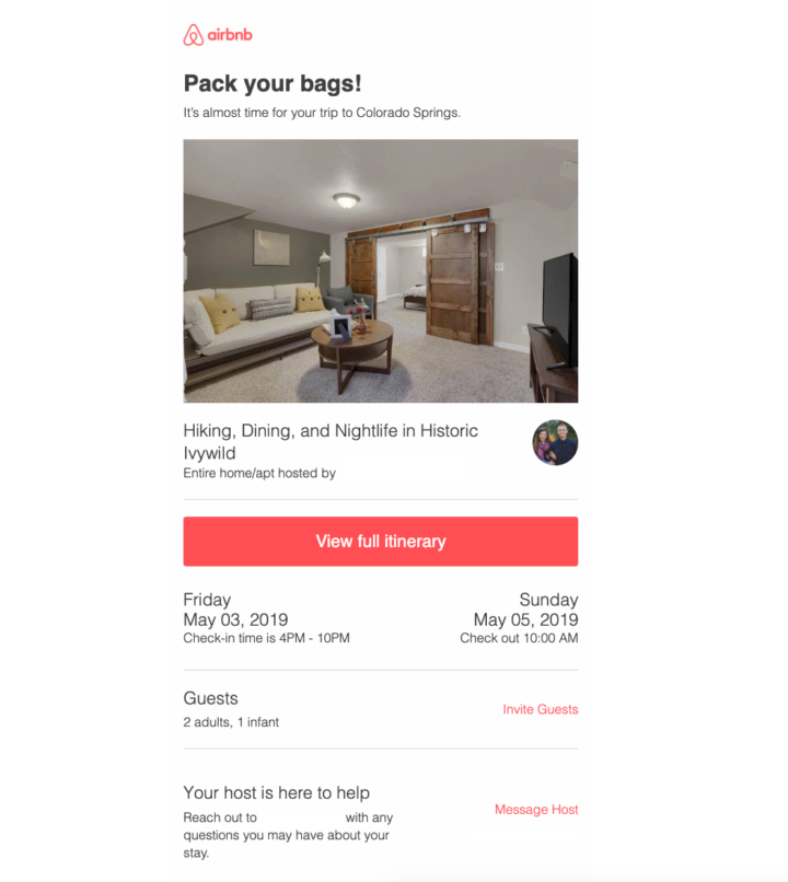 Airbnbの旅行予約確認メール
