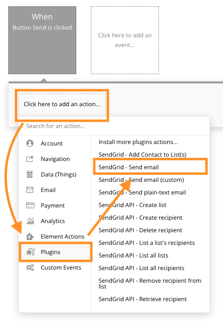 「Click here to add an action...」をクリックし、Pluginsメニューの中の「SendGrid - Send email」を処理フローに追加