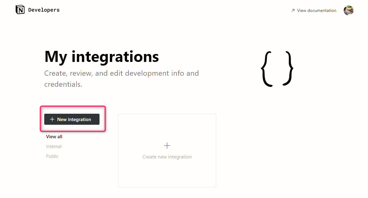 My integrationsにアクセスして「New integration」ボタンを押す