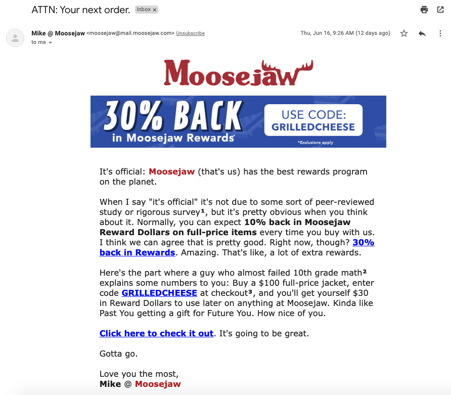 アウトドア用品を販売するMoosejawが送るメールの送信者名は「Mike@Moosejaw」に統一されている