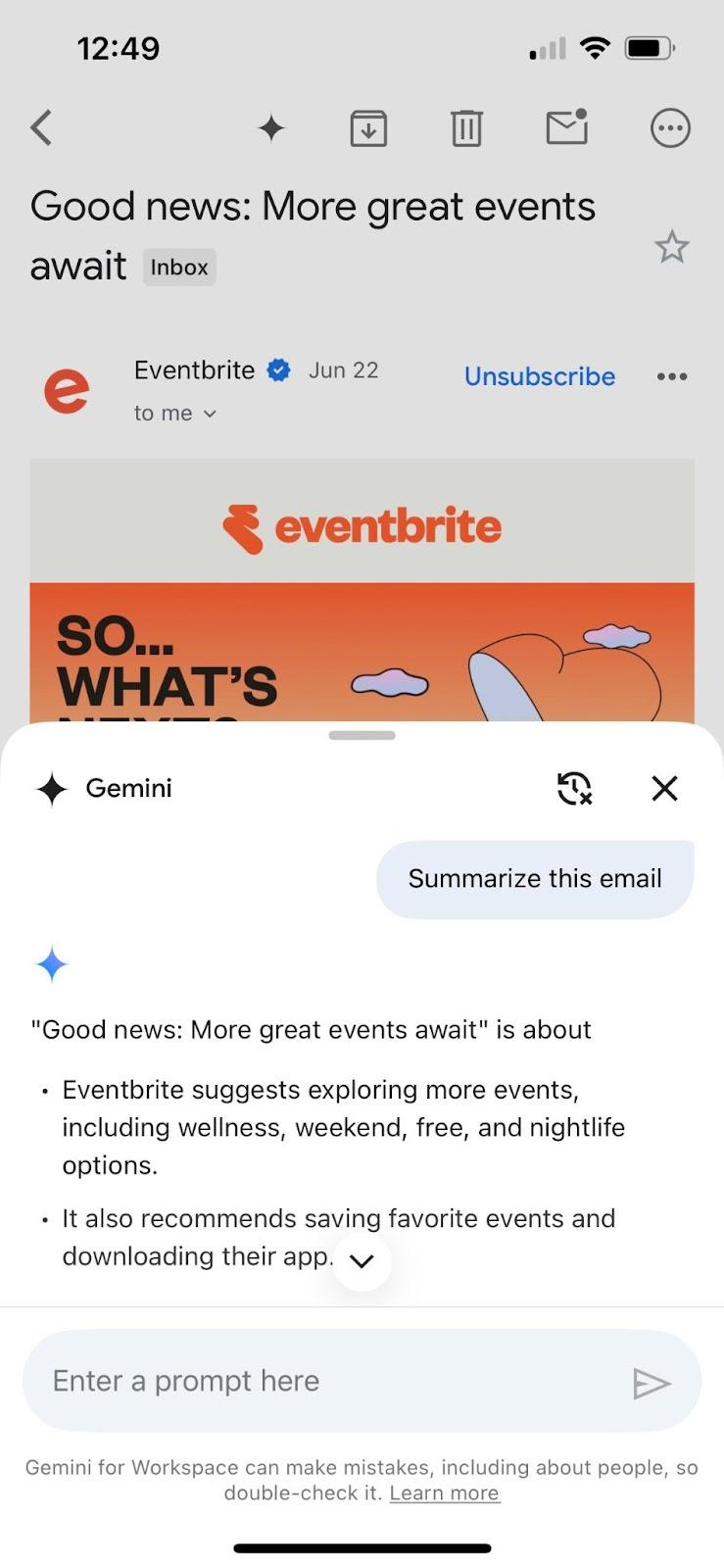 Geminiによるメールの要約の例