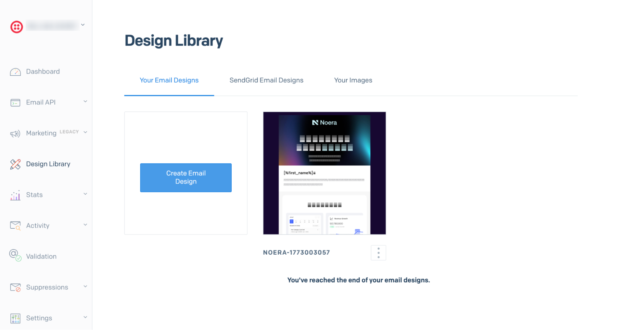 SendGridのDesign Libraryにテンプレートが追加されている