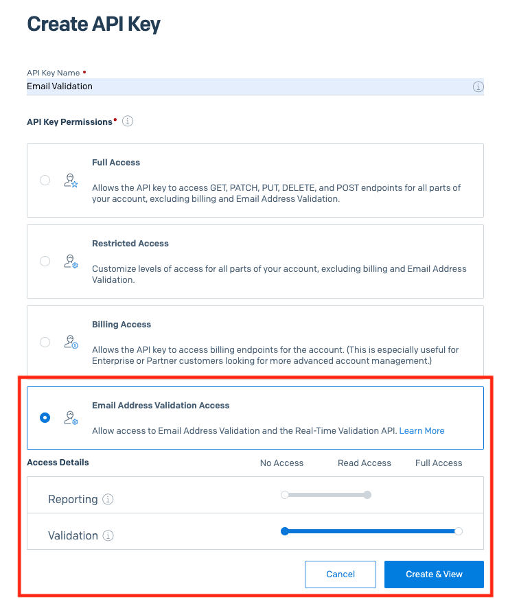 Email Address Validation Accessを選択してAPIキーを作成する
